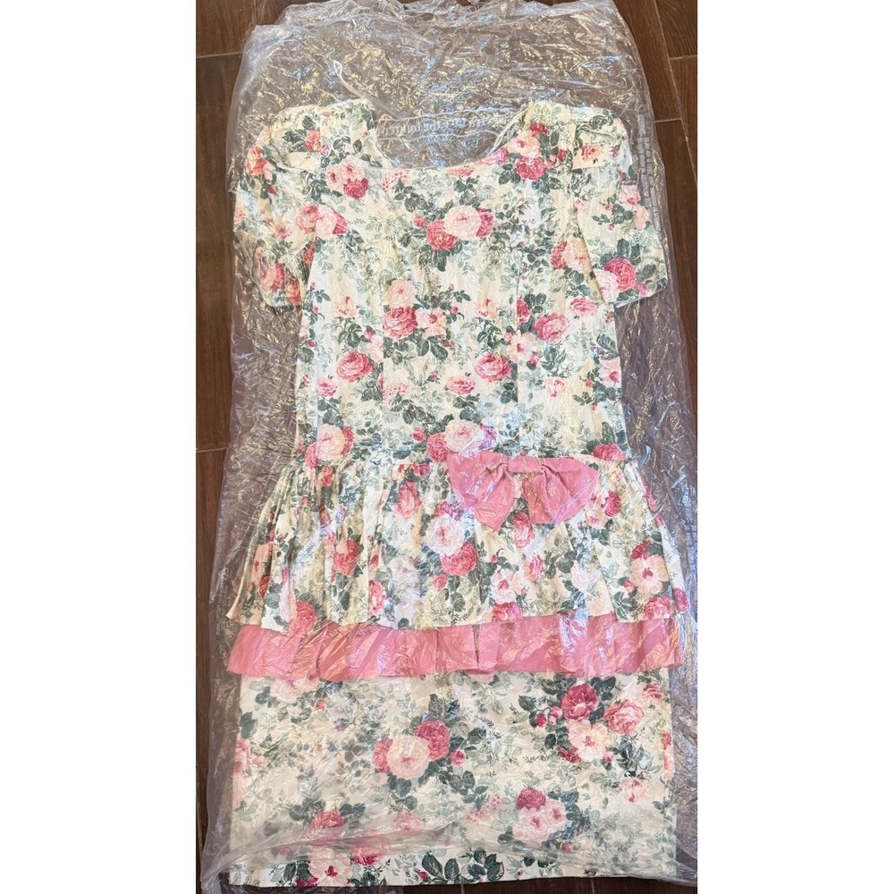Vintage Brandywine Creek Floral Dress Pink Bow Cottagecore USA Cotton 13/14